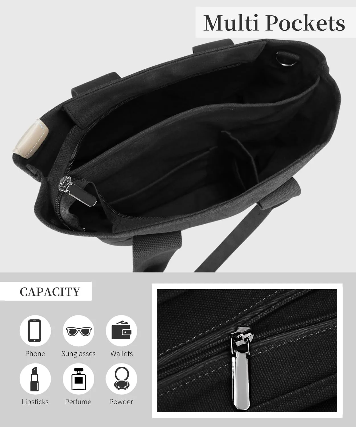 Canvas Tote Bag with Zipper for Women Crossbody Bag Trendy Shoulder Handbag Satchel Hobo Bag Messenger Bag with Compartments