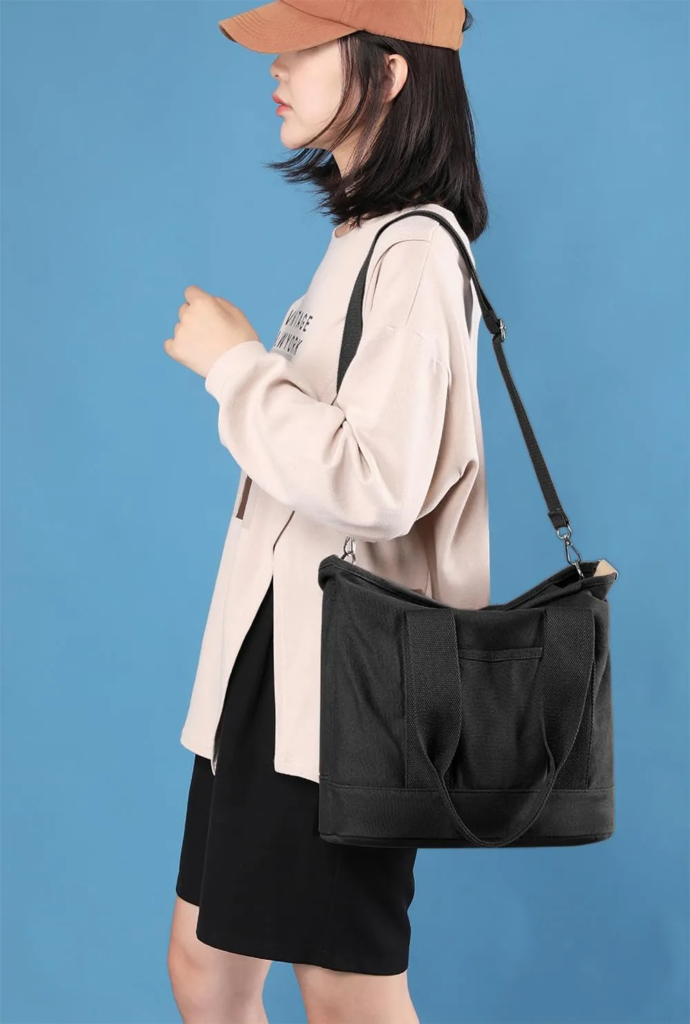 Canvas Tote Bag with Zipper for Women Crossbody Bag Trendy Shoulder Handbag Satchel Hobo Bag Messenger Bag with Compartments