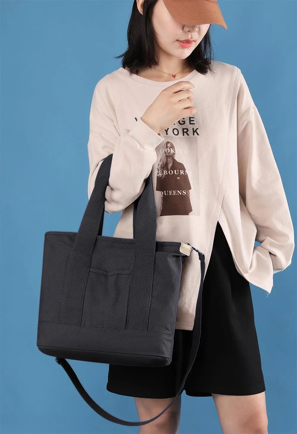 Canvas Tote Bag with Zipper for Women Crossbody Bag Trendy Shoulder Handbag Satchel Hobo Bag Messenger Bag with Compartments
