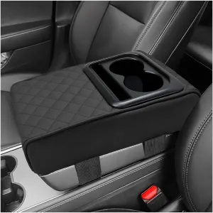 Car Center Console Armrest Pillow, 14"×8.3" Waterproof Leather Armrest Box Cover with Cup and Phone Holder, Soft Memory Foam Arm Rest Console Pad Protector for SUV Truck (Embroidery)
