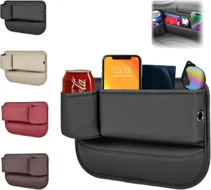 Car Leather Cup Holder Gap Bag, Car Seat Gap Storage Box with Cup Holders and Phone Charging Hole - Convenient Organizer for Cell Phone, Glasses, Keys, and Cards (Driver Side, Classic Black)