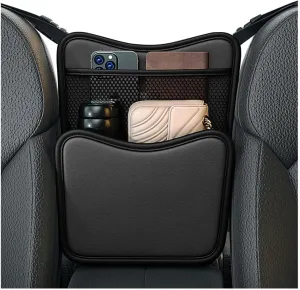 Car Organizer Storage Between Seats, Leather Large Capacity Automobile Handbag Hanging Store Content Bag, Auto Console Organizer Holder for Snack Phone Document Storages, Car Accessories (Black)