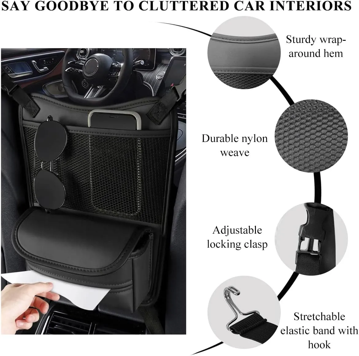 Car Organizer Storage Between Seats, Leather Large Capacity Automobile Handbag Hanging Store Content Bag, Auto Console Organizer Holder for Snack Phone Document Storages, Car Accessories (Black)