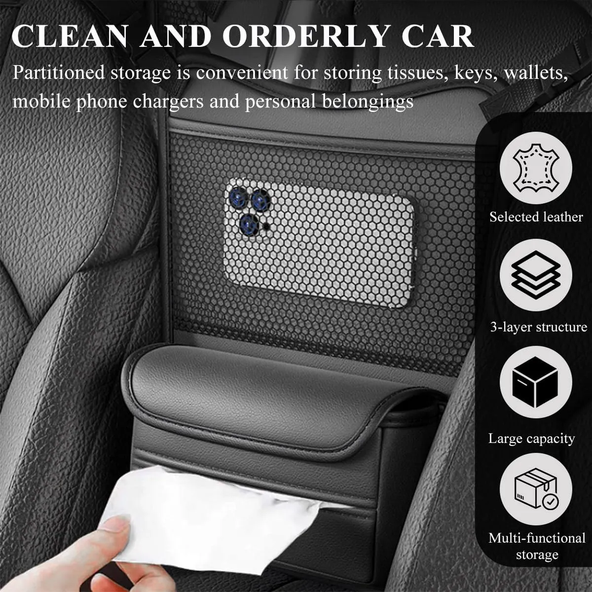 Car Organizer Storage Between Seats, Leather Large Capacity Automobile Handbag Hanging Store Content Bag, Auto Console Organizer Holder for Snack Phone Document Storages, Car Accessories (Black)