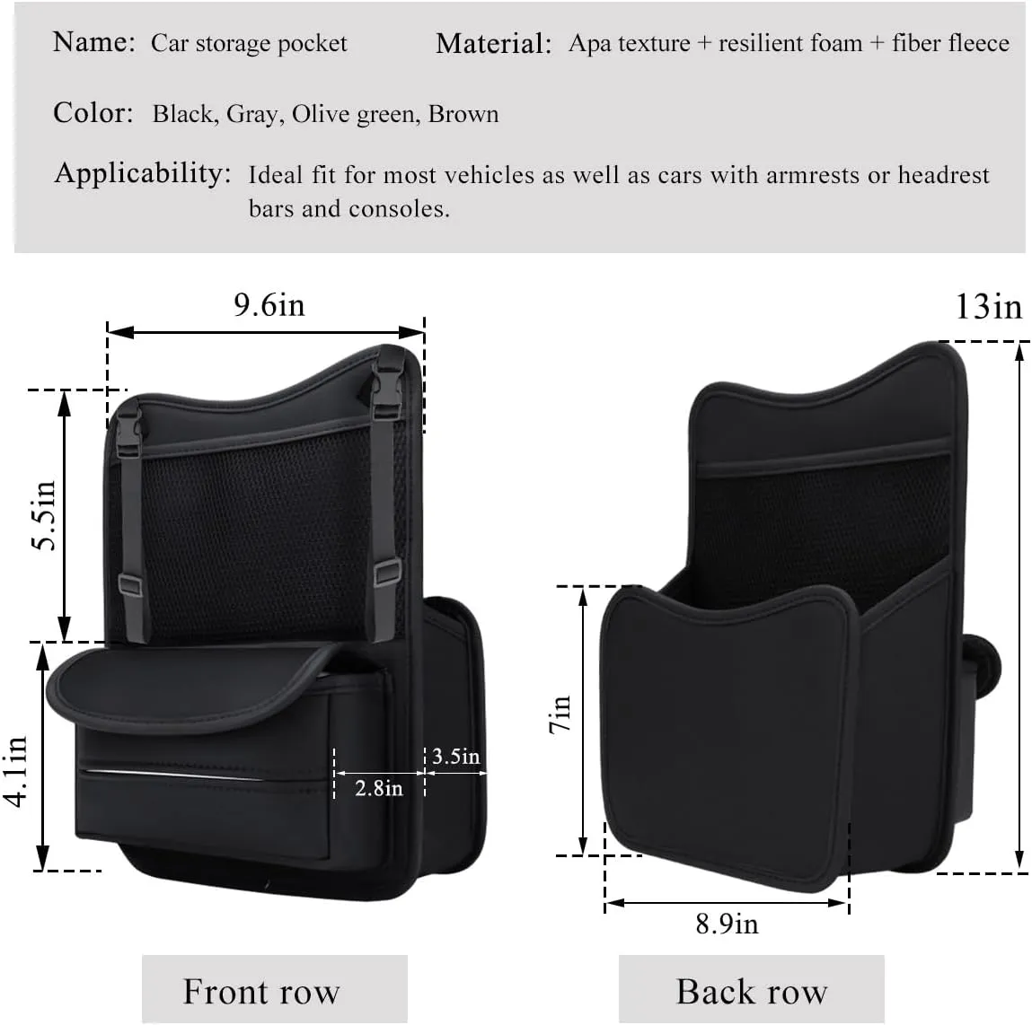 Car Organizer Storage Between Seats, Leather Large Capacity Automobile Handbag Hanging Store Content Bag, Auto Console Organizer Holder for Snack Phone Document Storages, Car Accessories (Black)