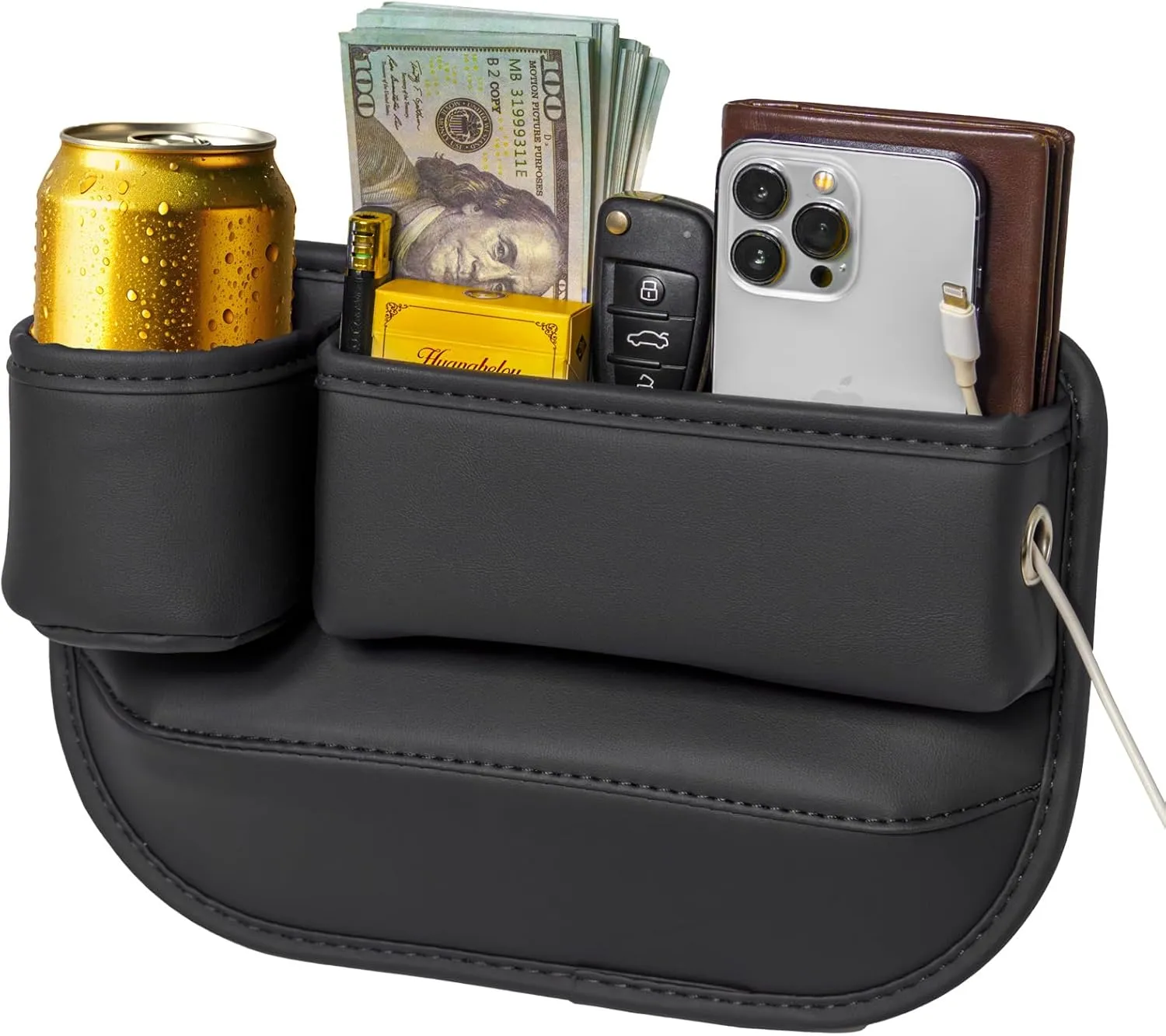 Car Seat Gap Filler Organizer, Car Seat Organizer, Seat Gap Storage Box with Cup Holders for Drink, Car Leather Cup Holder Gap Bag Front Seat for Holding Phone, Sunglasses,Keys, cards(Black Driver's )