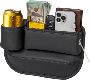 Car Seat Gap Filler Organizer, Car Seat Organizer, Seat Gap Storage Box with Cup Holders for Drink, Car Leather Cup Holder Gap Bag Front Seat for Holding Phone, Sunglasses,Keys, cards(Black Driver's )