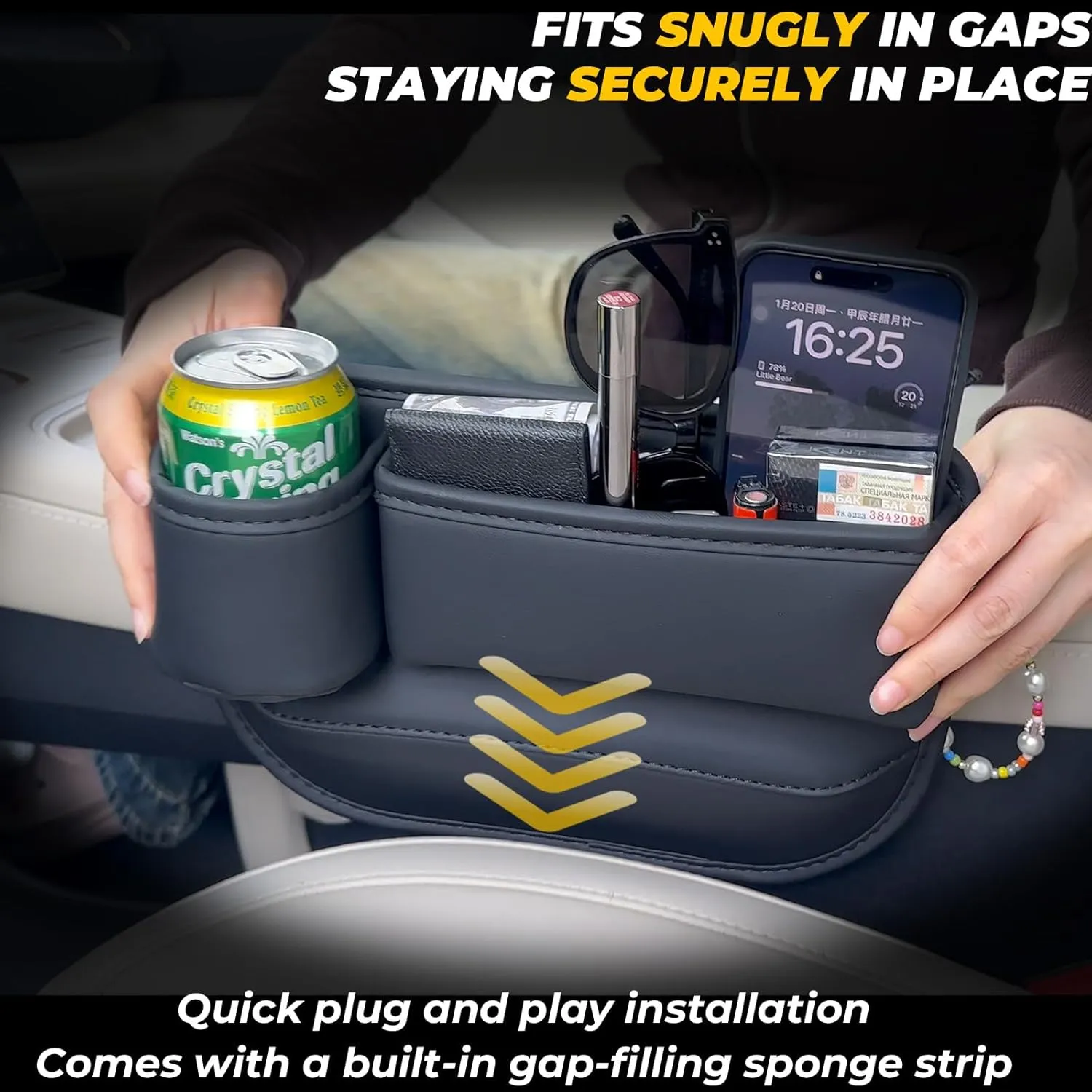 Car Seat Gap Filler Organizer, Car Seat Organizer, Seat Gap Storage Box with Cup Holders for Drink, Car Leather Cup Holder Gap Bag Front Seat for Holding Phone, Sunglasses,Keys, cards(Black Driver's )
