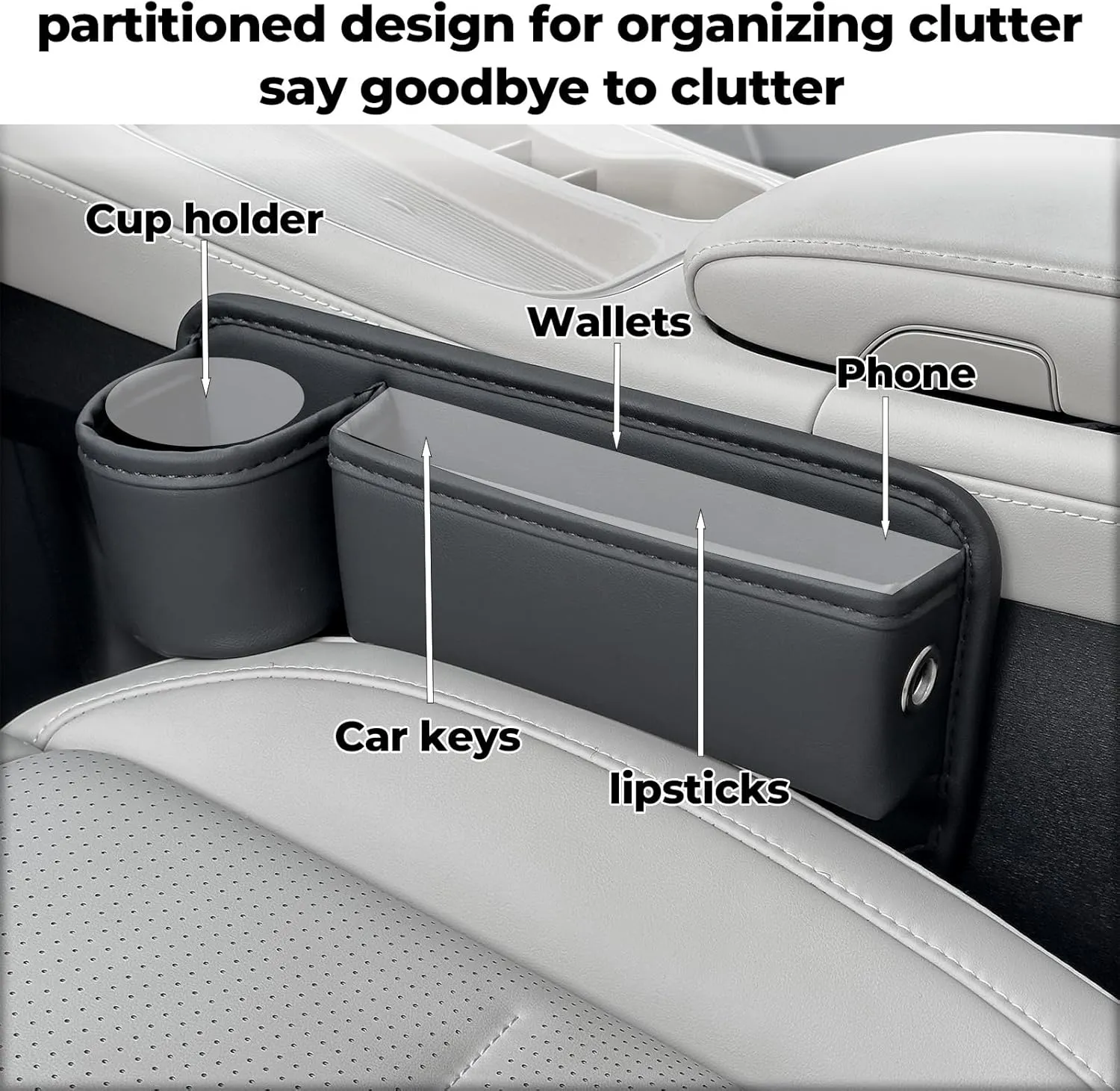 Car Seat Gap Filler Organizer, Car Seat Organizer, Seat Gap Storage Box with Cup Holders for Drink, Car Leather Cup Holder Gap Bag Front Seat for Holding Phone, Sunglasses,Keys, cards(Black Driver's )