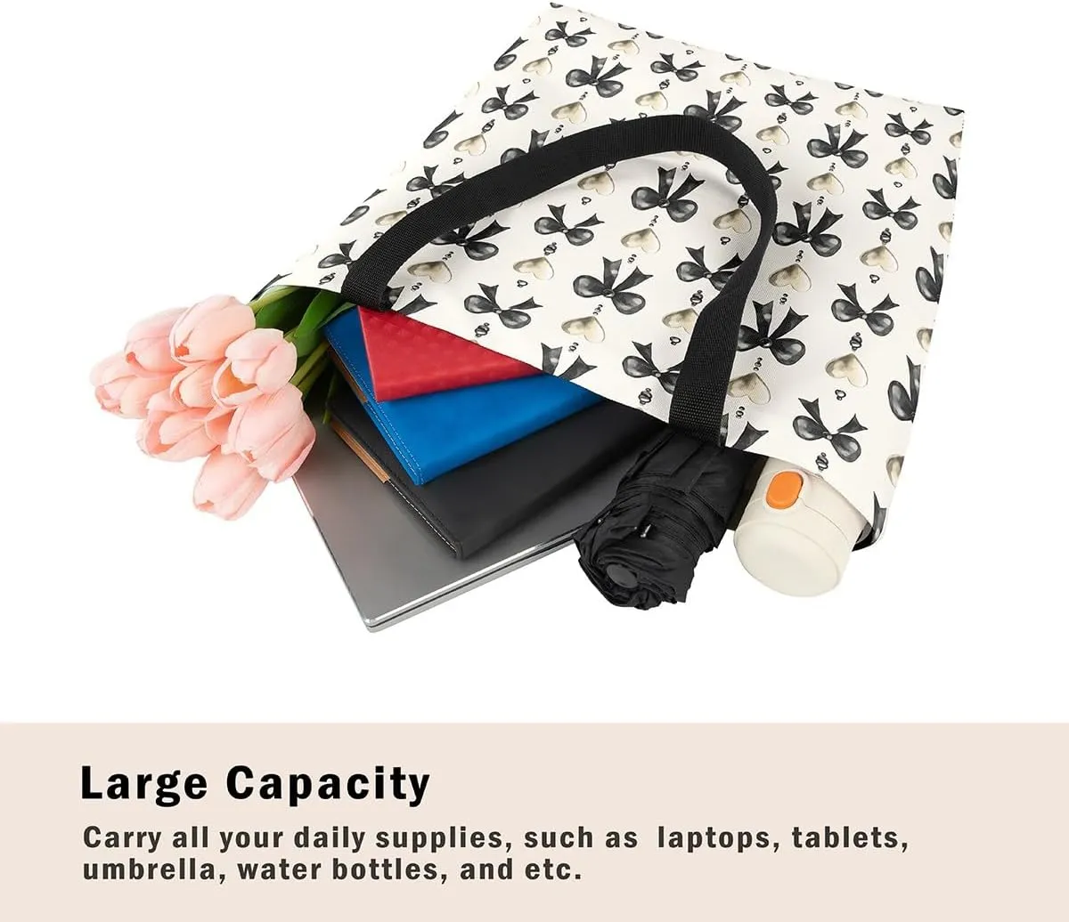 Castle Fairy Cute Bowknot Canvas Tote Bag,Princess Style Reusable Grocery Bag for Women,Large Capacity Shoulder Handbags