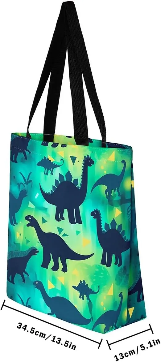 Castle Fairy Dinosaur Canvas Tote Bag for Women,Cartoon Dino Travel Bag,Animal Shoulder Handbags for Shopping Gym Yoga