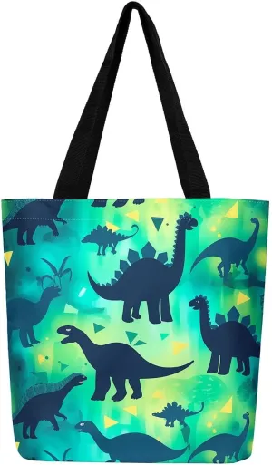 Castle Fairy Dinosaur Canvas Tote Bag for Women,Cartoon Dino Travel Bag,Animal Shoulder Handbags for Shopping Gym Yoga