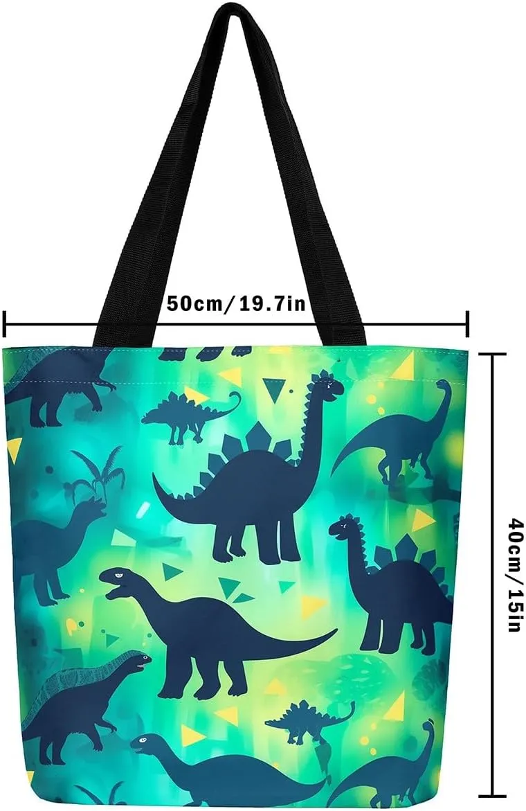 Castle Fairy Dinosaur Canvas Tote Bag for Women,Cartoon Dino Travel Bag,Animal Shoulder Handbags for Shopping Gym Yoga