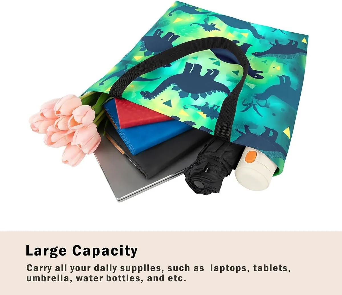 Castle Fairy Dinosaur Canvas Tote Bag for Women,Cartoon Dino Travel Bag,Animal Shoulder Handbags for Shopping Gym Yoga