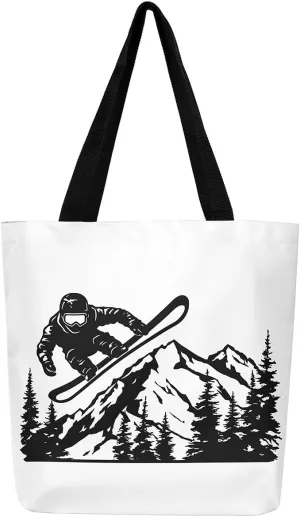 Castle Fairy Skiing Canvas Tote Bag 19.7x5.1 Inch Winter Farmhouse Shoulder Handbags for Adults Shopping Gym