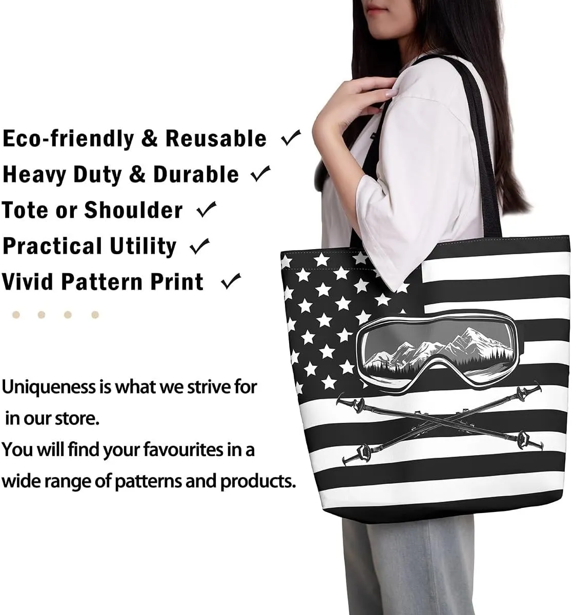 Castle Fairy Skiing Canvas Tote Bag 19.7x5.1 Inch Winter Farmhouse Shoulder Handbags for Adults Shopping Gym