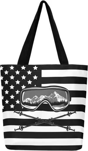 Castle Fairy Skiing Canvas Tote Bag 19.7x5.1 Inch Winter Farmhouse Shoulder Handbags for Adults Shopping Gym