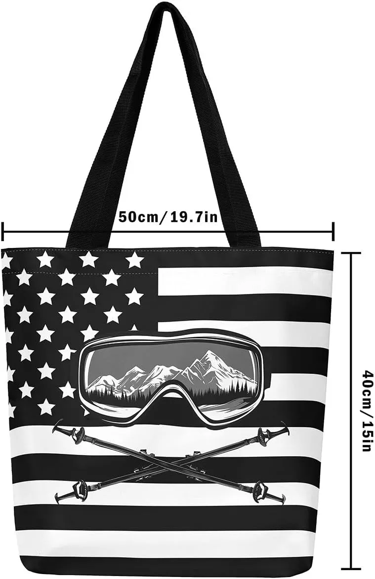 Castle Fairy Skiing Canvas Tote Bag 19.7x5.1 Inch Winter Farmhouse Shoulder Handbags for Adults Shopping Gym