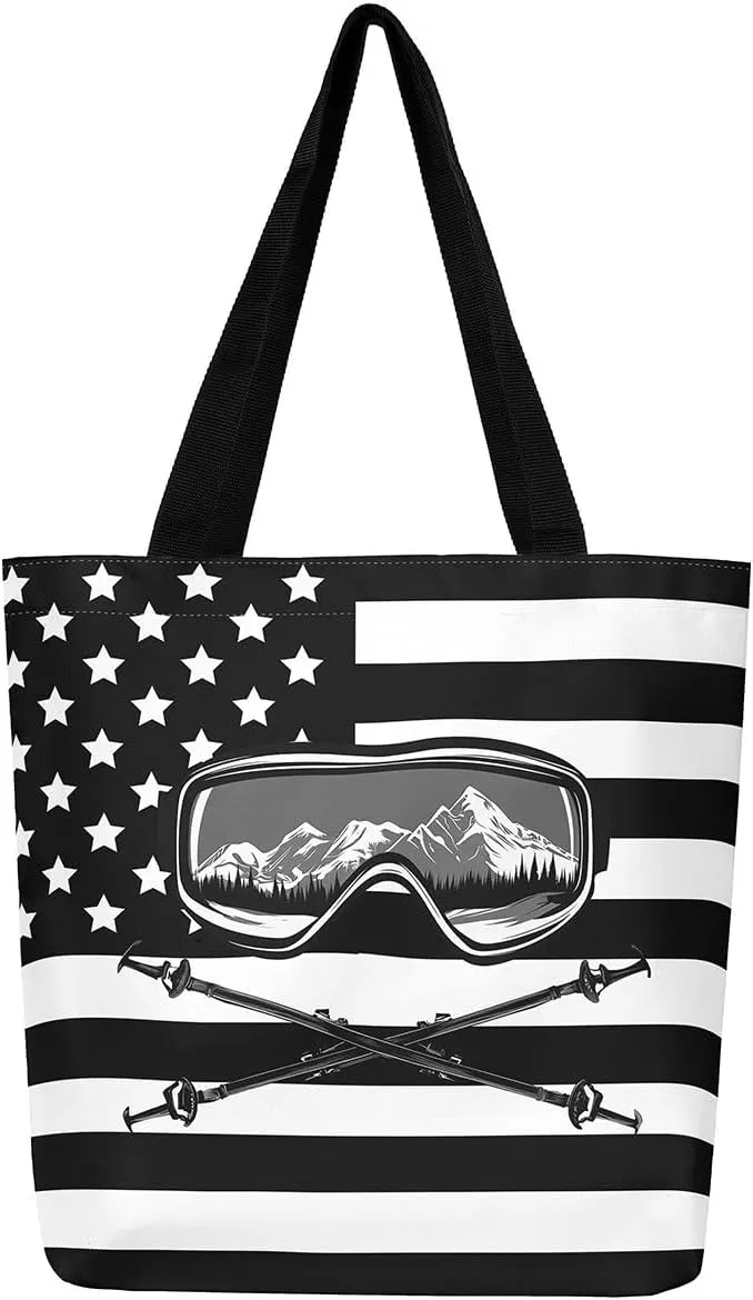 Castle Fairy Skiing Canvas Tote Bag 19.7x5.1 Inch Winter Farmhouse Shoulder Handbags for Adults Shopping Gym