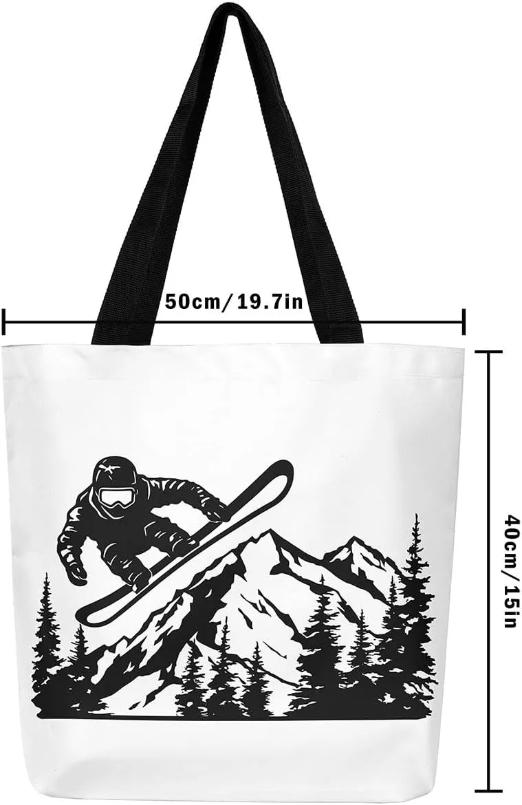 Castle Fairy Skiing Canvas Tote Bag 19.7x5.1 Inch Winter Farmhouse Shoulder Handbags for Adults Shopping Gym
