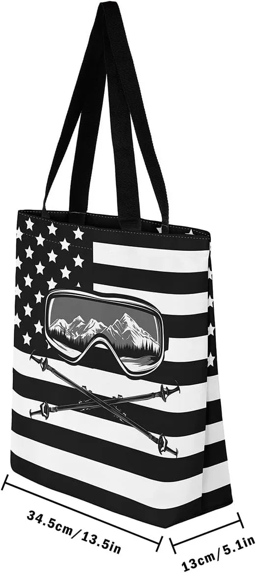 Castle Fairy Skiing Canvas Tote Bag 19.7x5.1 Inch Winter Farmhouse Shoulder Handbags for Adults Shopping Gym