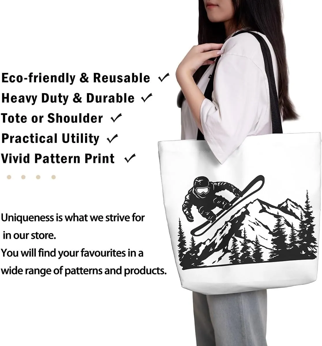 Castle Fairy Skiing Canvas Tote Bag 19.7x5.1 Inch Winter Farmhouse Shoulder Handbags for Adults Shopping Gym