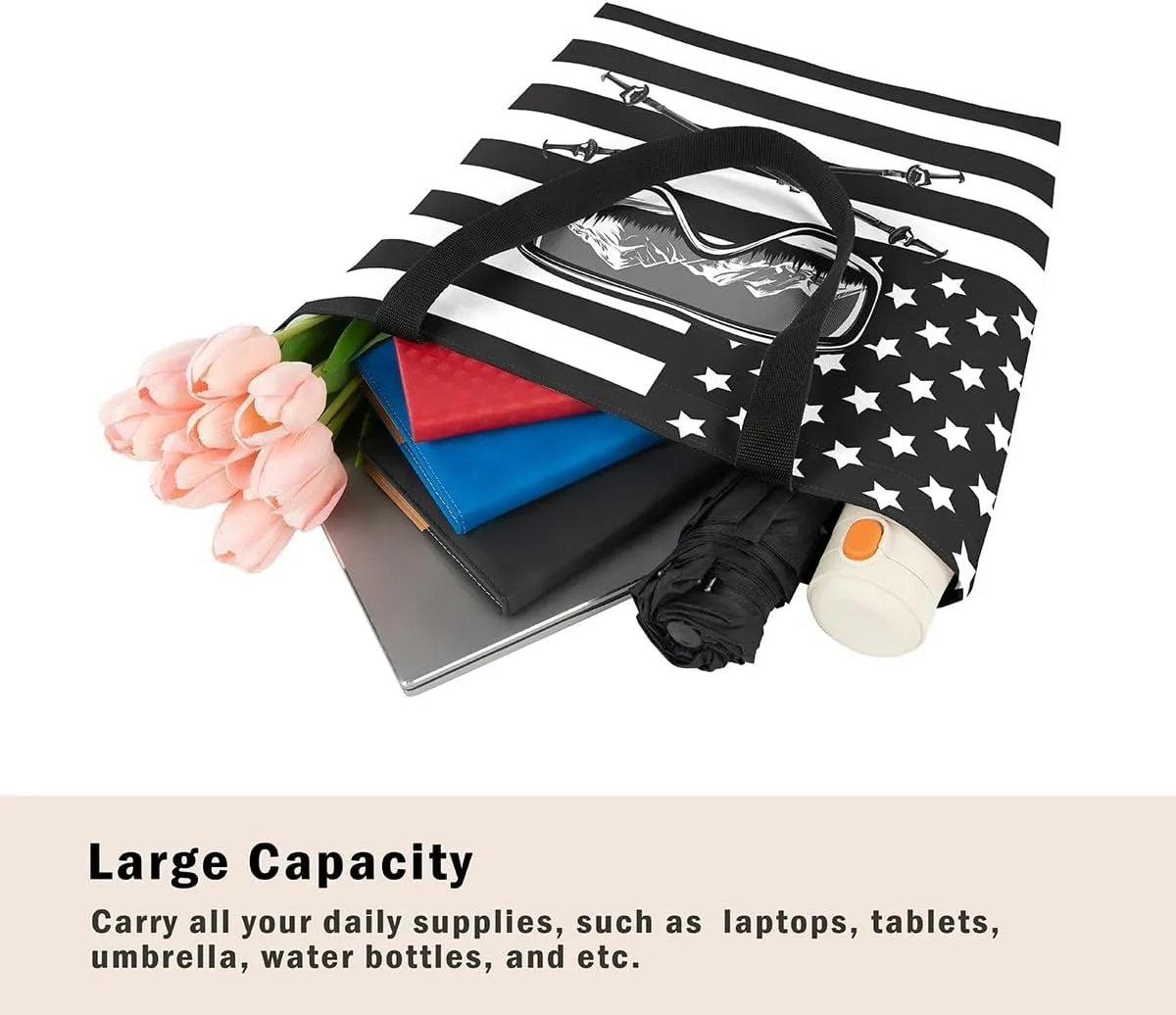 Castle Fairy Skiing Canvas Tote Bag 19.7x5.1 Inch Winter Farmhouse Shoulder Handbags for Adults Shopping Gym