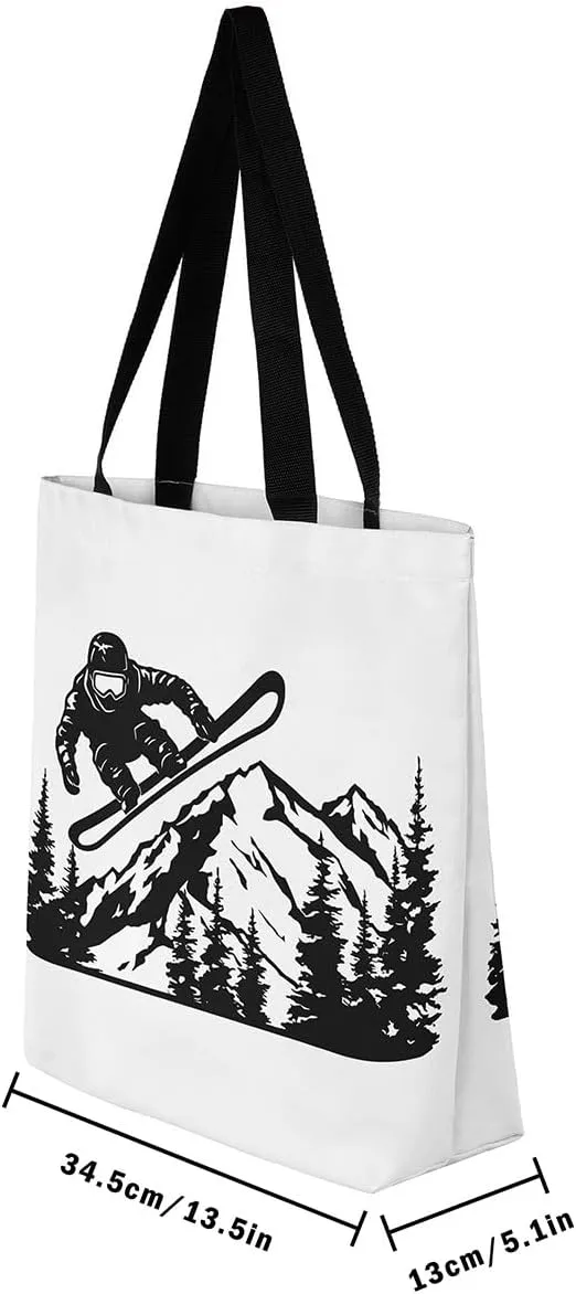 Castle Fairy Skiing Canvas Tote Bag 19.7x5.1 Inch Winter Farmhouse Shoulder Handbags for Adults Shopping Gym