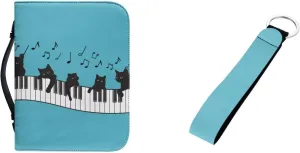 Cat Music Leather Bible Covers Case for Women Men Portable Church Tote Bag with Zip Bible Holder Bag Pens Bookmarks Bible Cover Keychain 2 Pcs Set