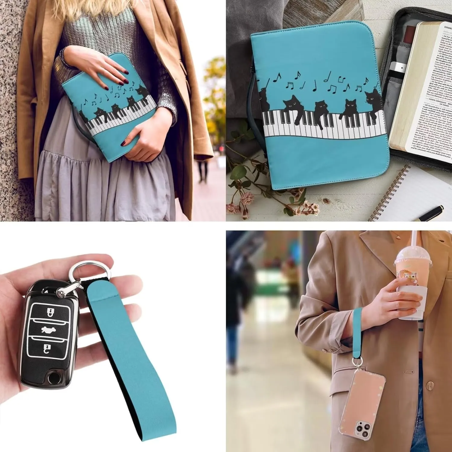 Cat Music Leather Bible Covers Case for Women Men Portable Church Tote Bag with Zip Bible Holder Bag Pens Bookmarks Bible Cover Keychain 2 Pcs Set