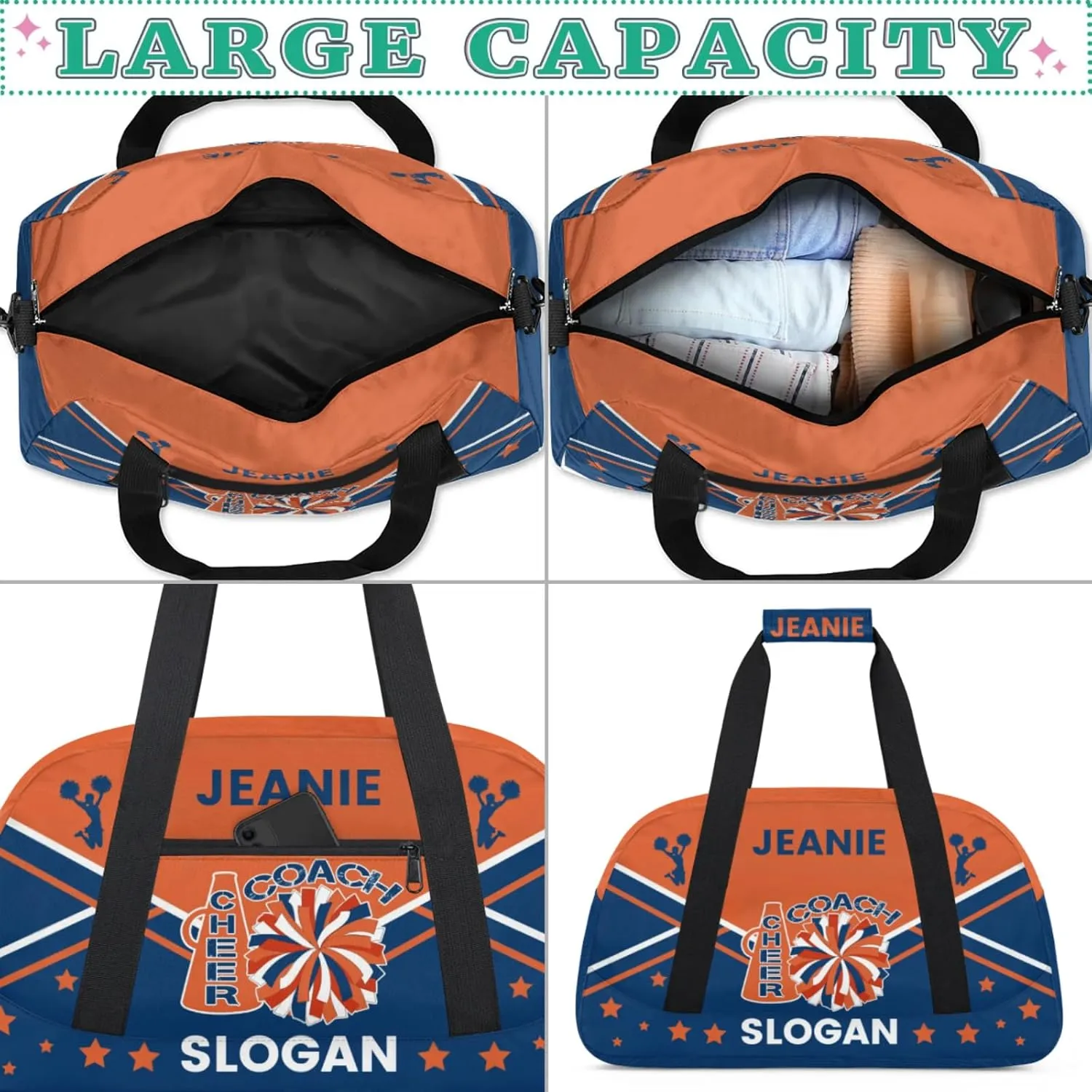 Cheer-Bags for Girls, Personalized Name Dance Ballet Gymnastics Sport Travel Duffel Bags for Cheerleader Kids with Custom Team Name for Overnight Weekender,Orange Blue