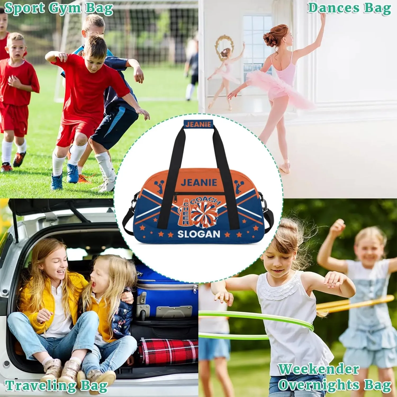 Cheer-Bags for Girls, Personalized Name Dance Ballet Gymnastics Sport Travel Duffel Bags for Cheerleader Kids with Custom Team Name for Overnight Weekender,Orange Blue