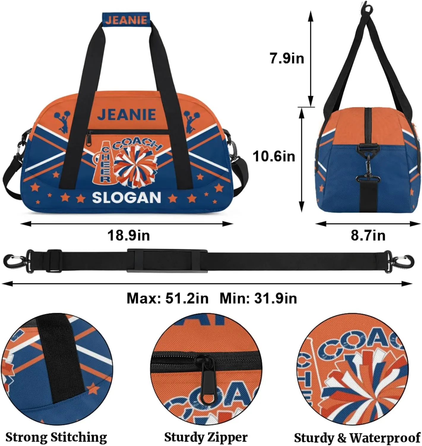 Cheer-Bags for Girls, Personalized Name Dance Ballet Gymnastics Sport Travel Duffel Bags for Cheerleader Kids with Custom Team Name for Overnight Weekender,Orange Blue