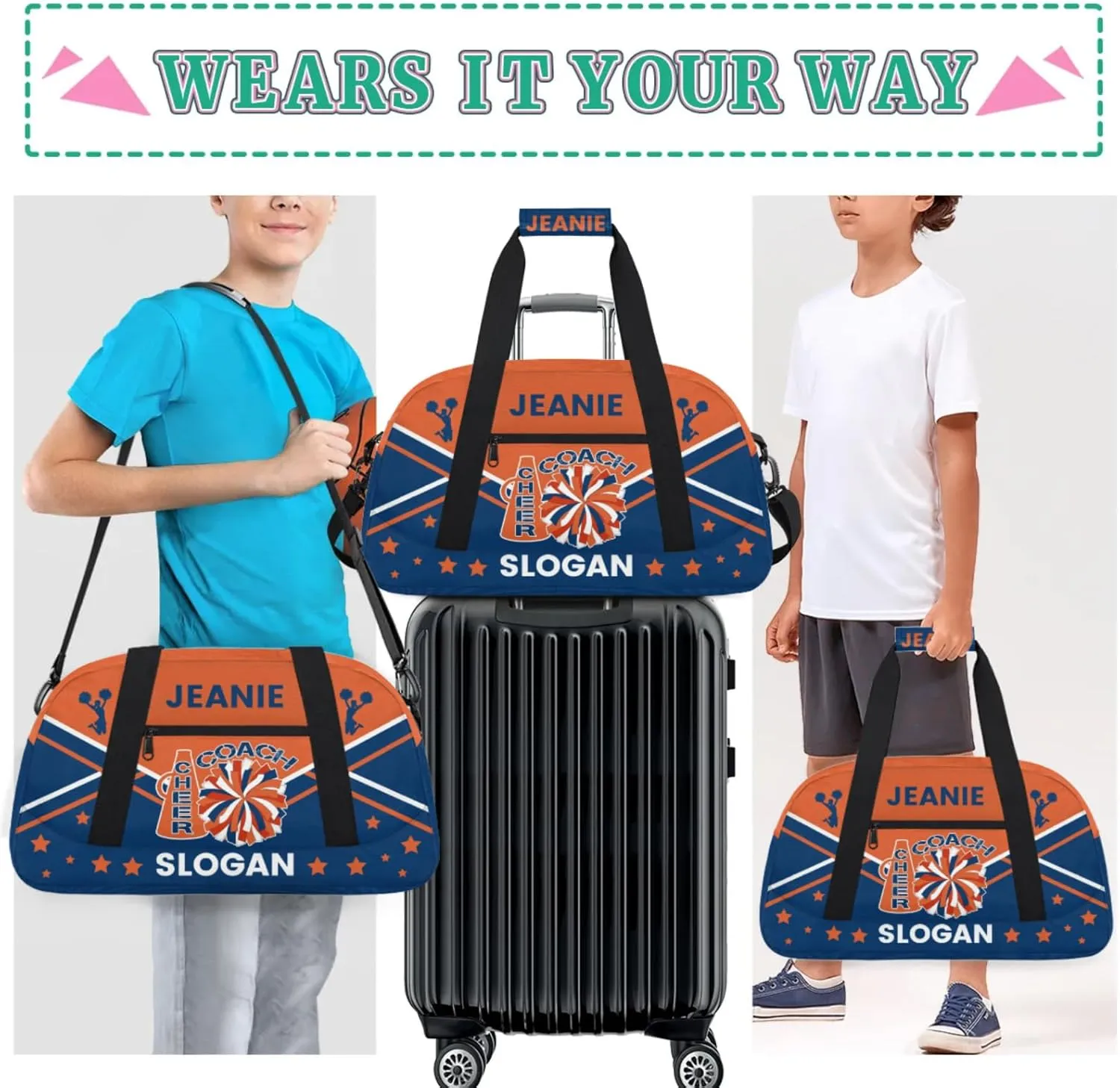 Cheer-Bags for Girls, Personalized Name Dance Ballet Gymnastics Sport Travel Duffel Bags for Cheerleader Kids with Custom Team Name for Overnight Weekender,Orange Blue