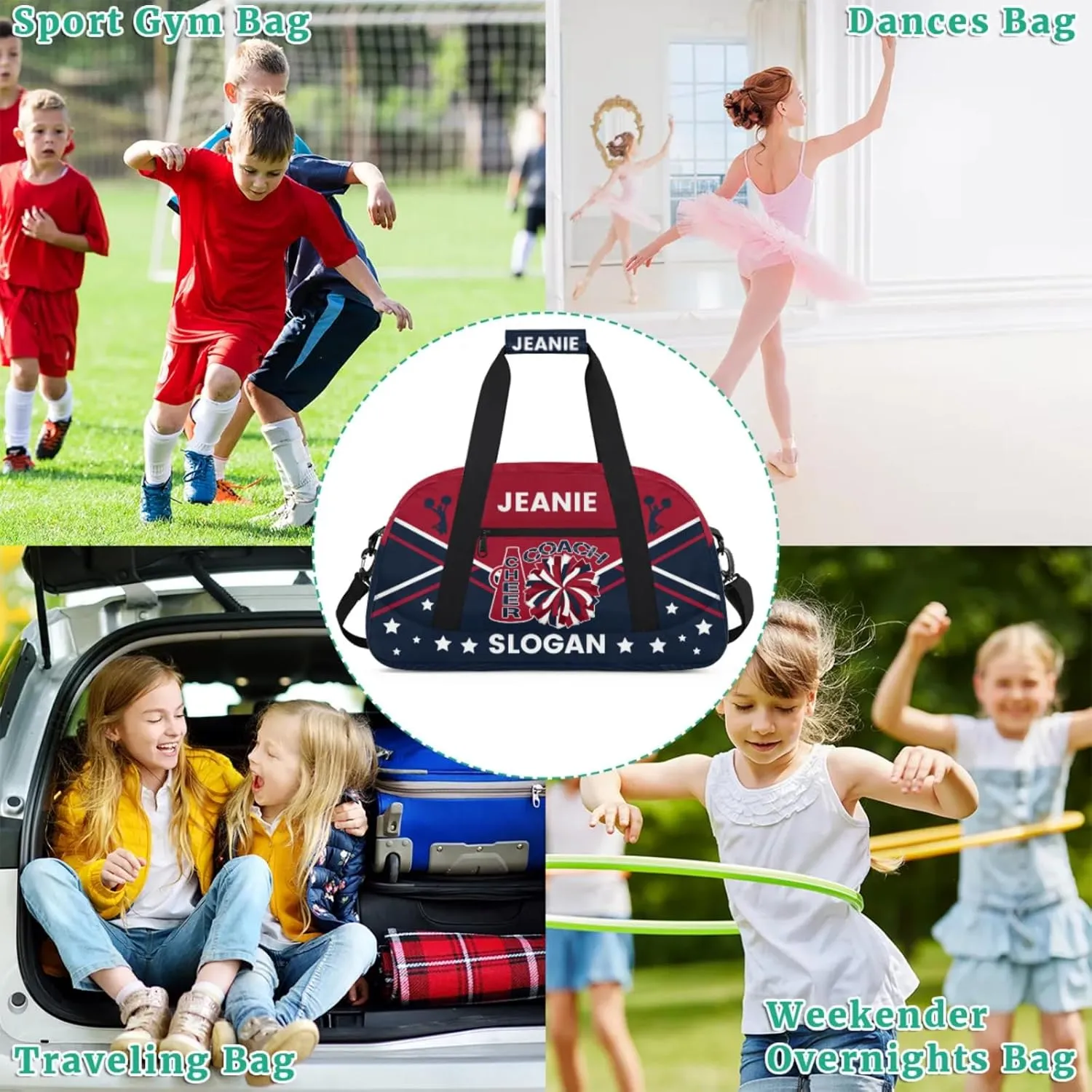 Cheer-Bags for Girls, Personalized Name Dance Ballet Gymnastics Sport Travel Duffel Bags for Cheerleader Kids with Custom Team Name for Overnight Weekender,Red Dark Blue
