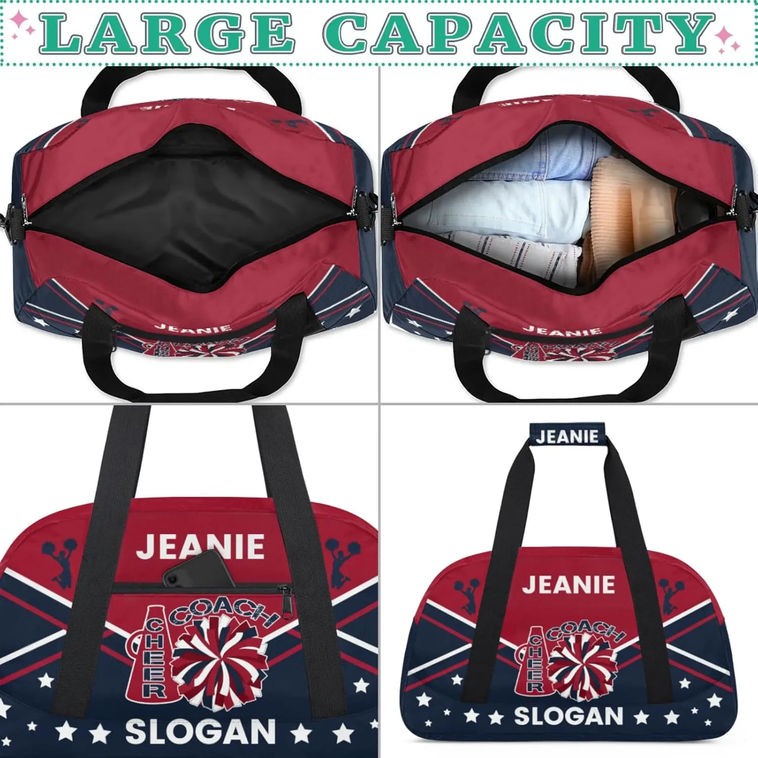 Cheer-Bags for Girls, Personalized Name Dance Ballet Gymnastics Sport Travel Duffel Bags for Cheerleader Kids with Custom Team Name for Overnight Weekender,Red Dark Blue
