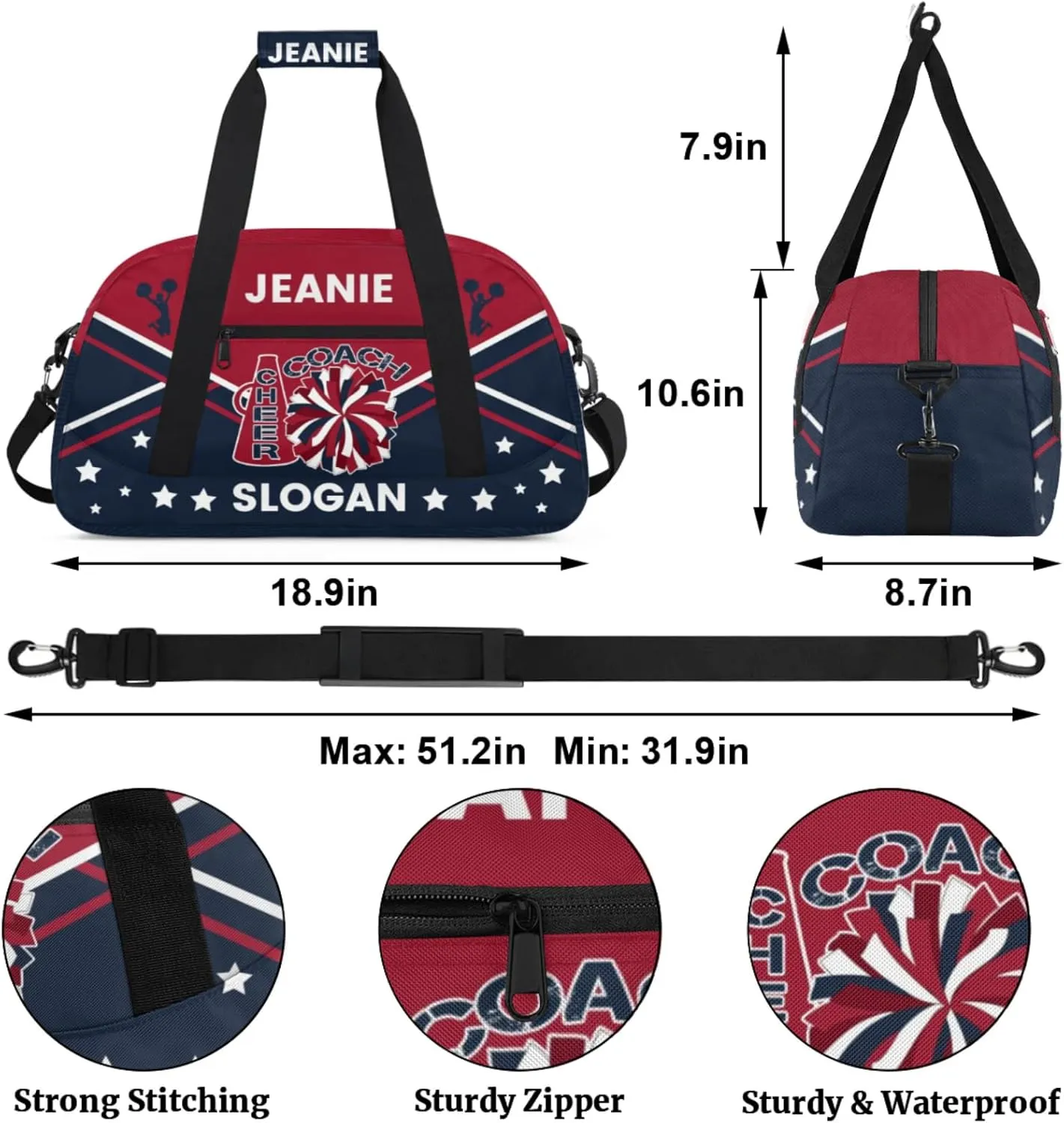 Cheer-Bags for Girls, Personalized Name Dance Ballet Gymnastics Sport Travel Duffel Bags for Cheerleader Kids with Custom Team Name for Overnight Weekender,Red Dark Blue