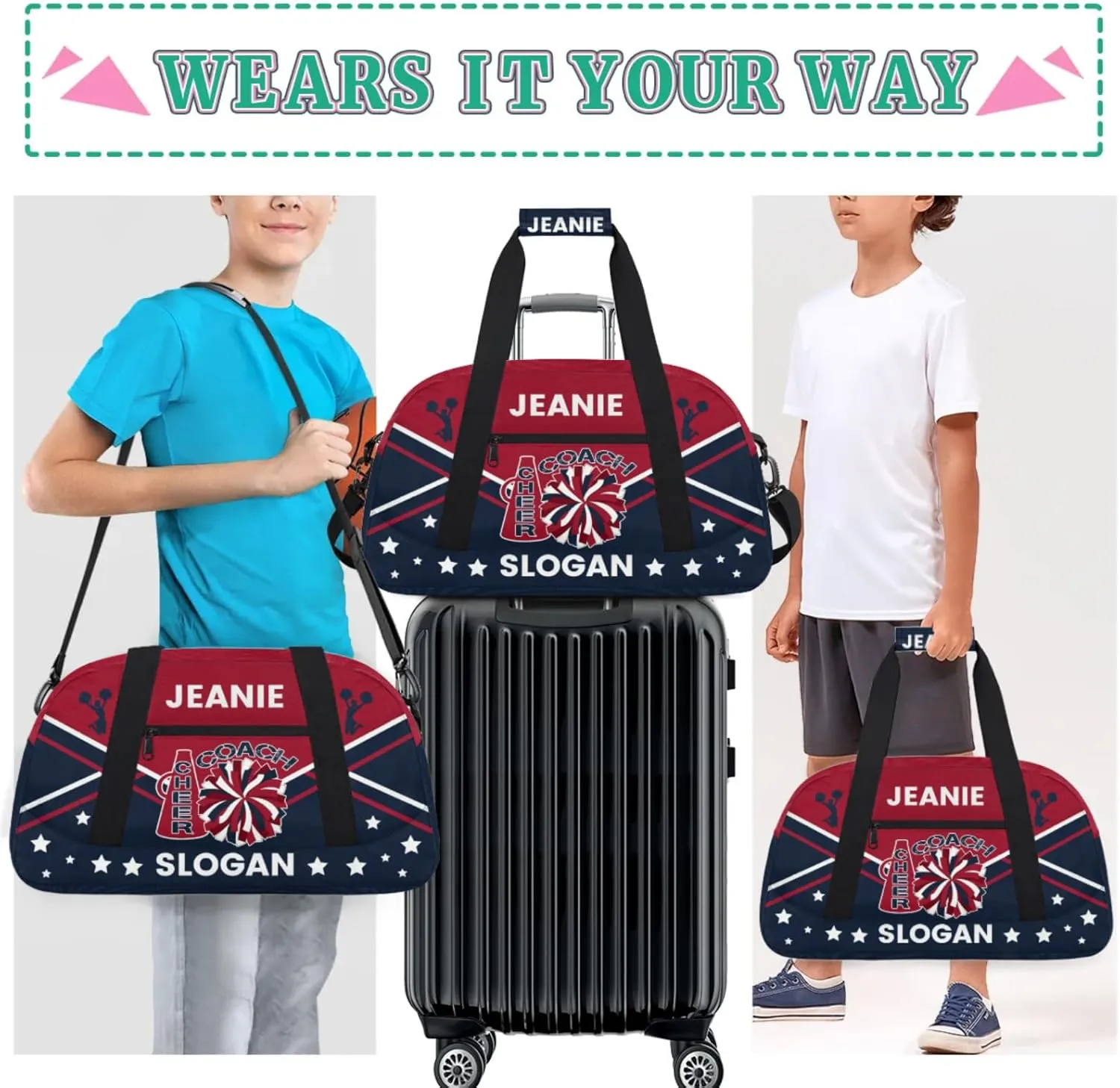 Cheer-Bags for Girls, Personalized Name Dance Ballet Gymnastics Sport Travel Duffel Bags for Cheerleader Kids with Custom Team Name for Overnight Weekender,Red Dark Blue