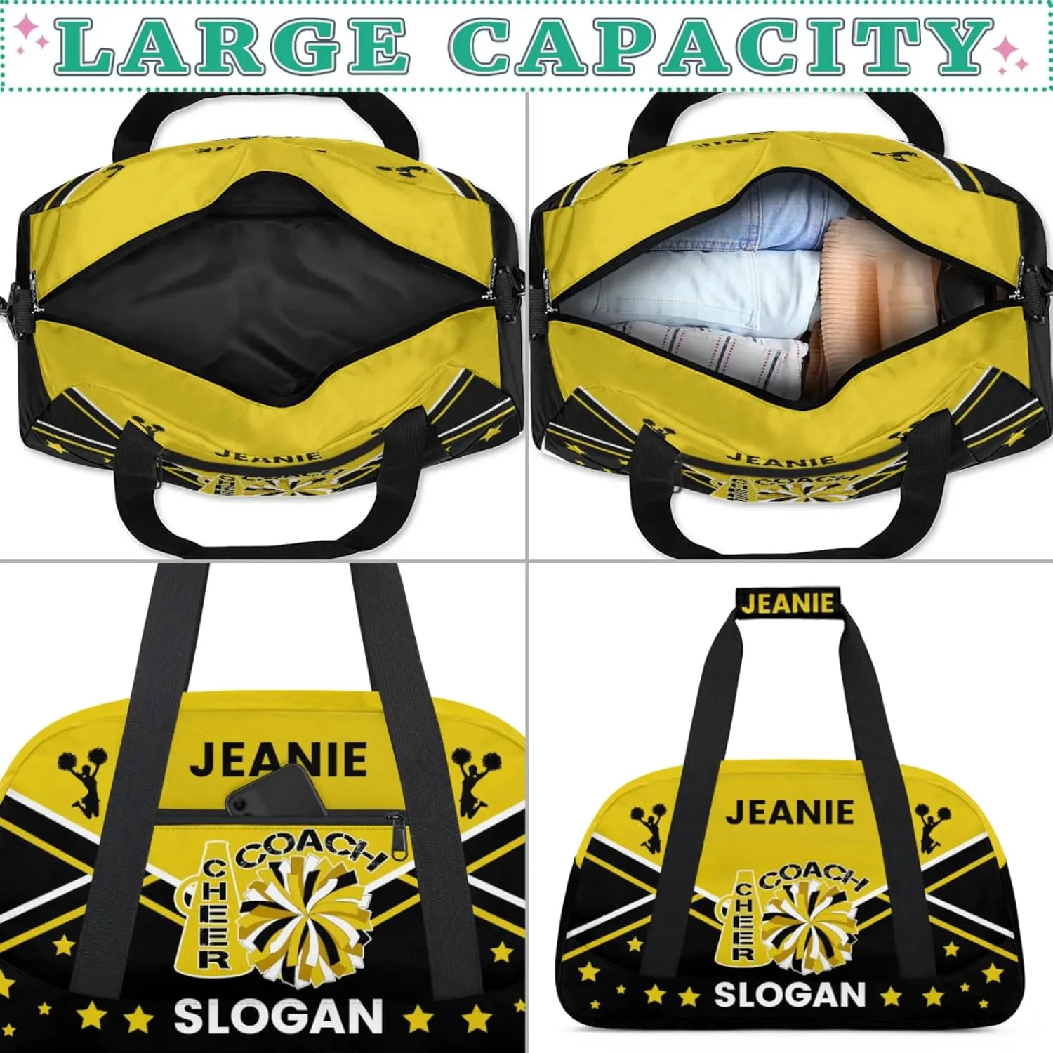 Cheer-Bags for Girls, Personalized Name Dance Ballet Gymnastics Sport Travel Duffel Bags for Cheerleader Kids with Custom Team Name for Overnight Weekender,Yellow Black