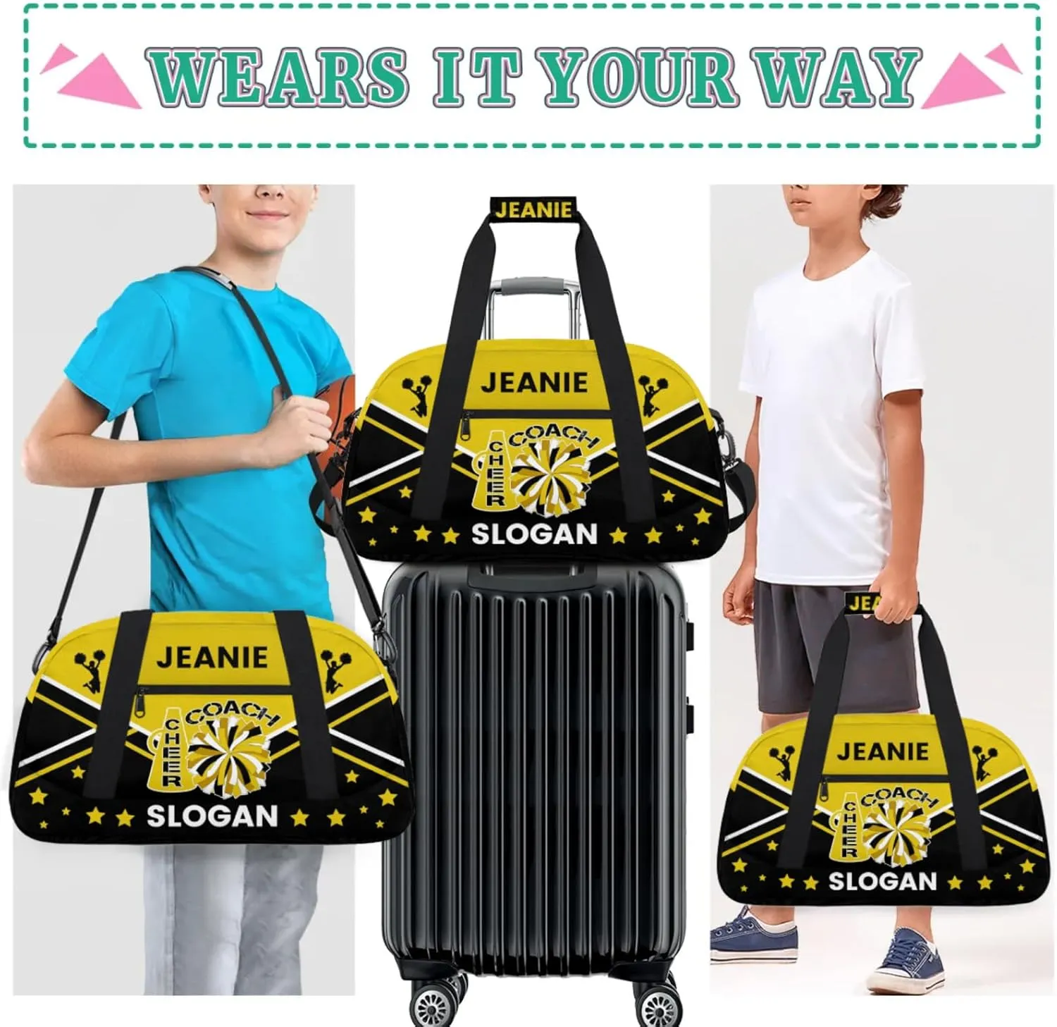 Cheer-Bags for Girls, Personalized Name Dance Ballet Gymnastics Sport Travel Duffel Bags for Cheerleader Kids with Custom Team Name for Overnight Weekender,Yellow Black