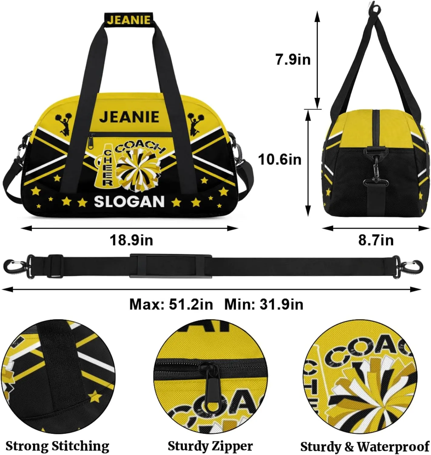 Cheer-Bags for Girls, Personalized Name Dance Ballet Gymnastics Sport Travel Duffel Bags for Cheerleader Kids with Custom Team Name for Overnight Weekender,Yellow Black