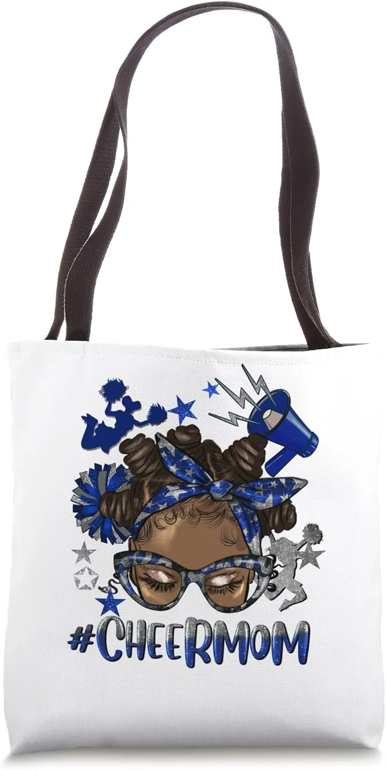 Cheer Mom Afro Bantu Knots Blue Silver Cheerleading Team Tote Bag