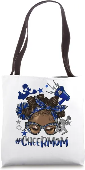 Cheer Mom Afro Bantu Knots Blue Silver Cheerleading Team Tote Bag
