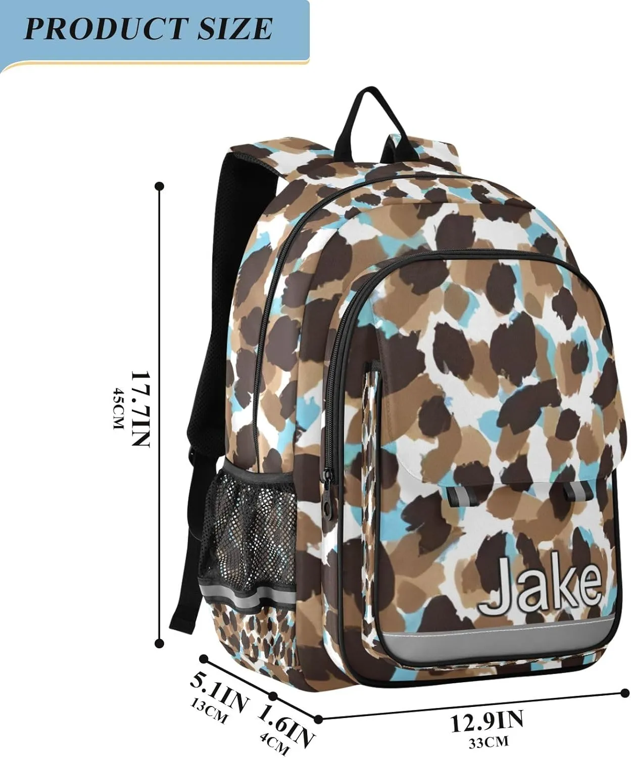 CHIFIGNO Monogram Kids Backpack Leopard Skin Brown, Personalized Name Backpacks for Kids, Secure Front Pockets