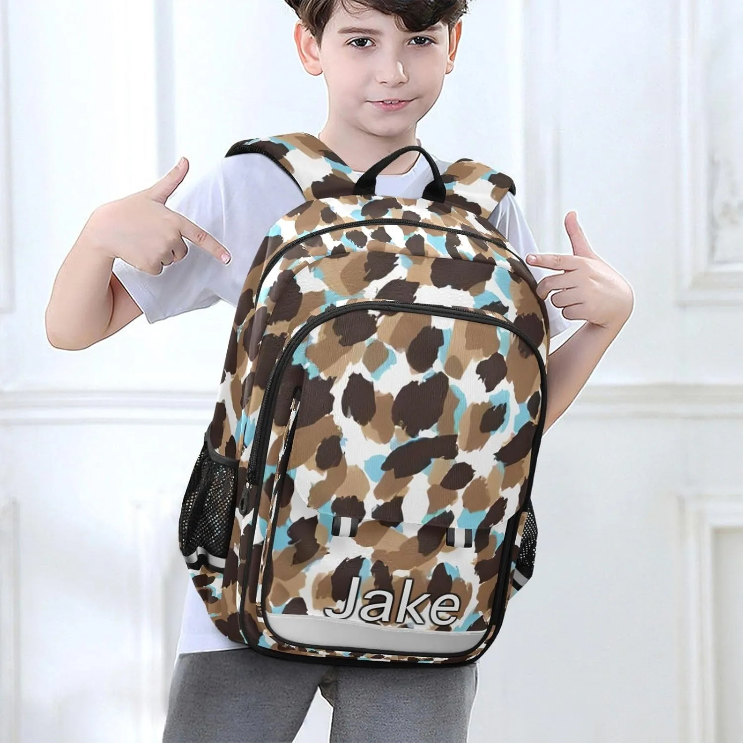 CHIFIGNO Monogram Kids Backpack Leopard Skin Brown, Personalized Name Backpacks for Kids, Secure Front Pockets
