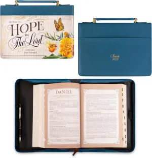 Christian Art Gifts Vibrant Blue Floral Fashion Bible Cover for Women: Hope in The Lord - Isa. 40:31 Inspirational Scripture Verse, Vintage Vegan Leather Book Carry Case w/Stationery Storage, Large