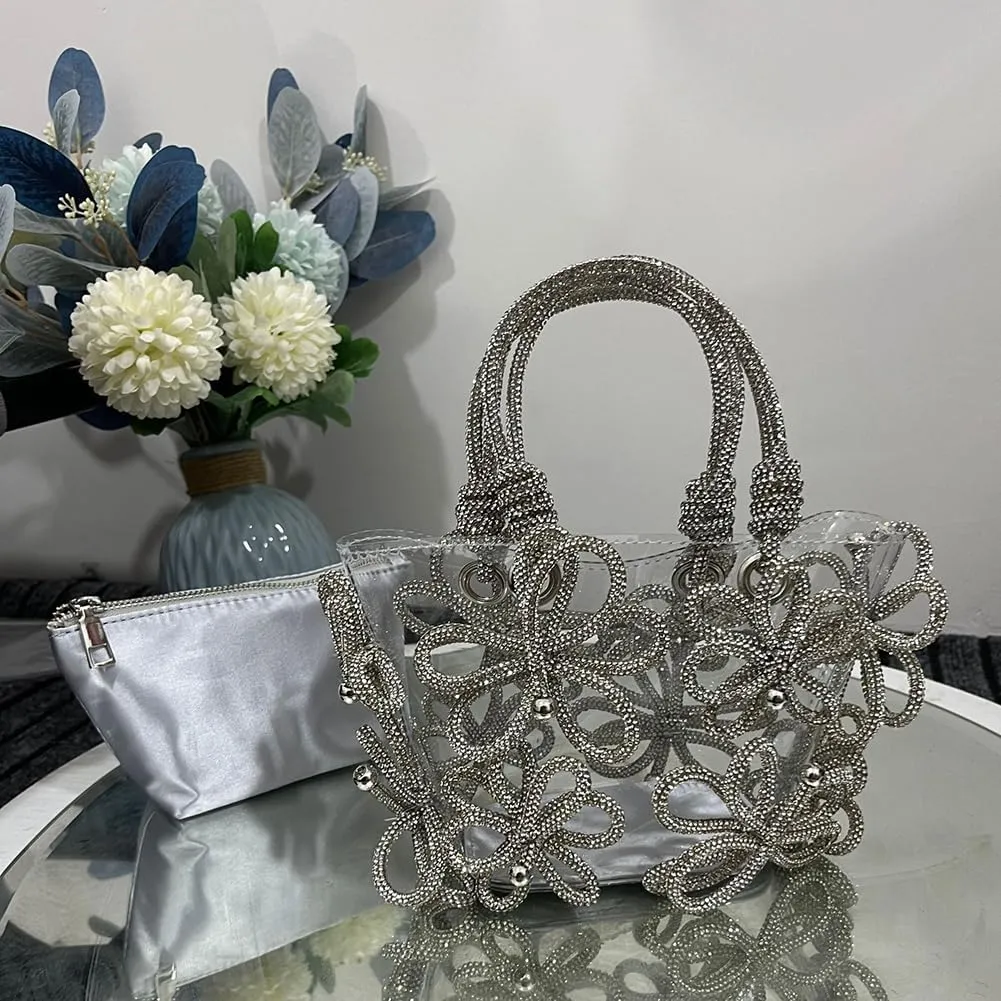 Clear Rhinestone Handbag for Women Crystal Evening Purses with Handle Glitter Handbag for Wedding Party Prom
