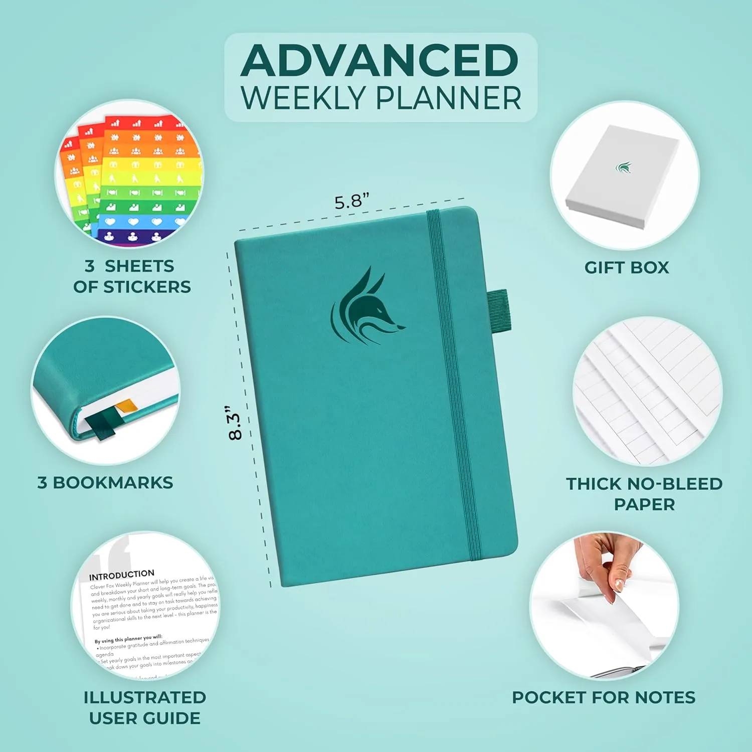 Clever Fox Advanced Weekly Planner – Undated Weekly & Monthly Life Goal Planner for Daily Productivity, Time Management and Hit Your Goals – Day Organizer Journal – Hardcover A5, Turquoise