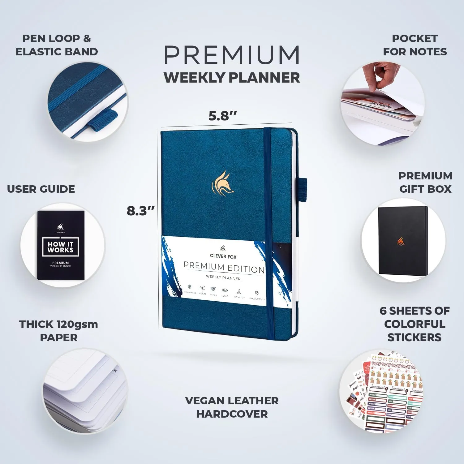 Clever Fox Planner Premium Edition – Undated Luxurious Weekly & Monthly Planner to Increase Productivity and Hit Your Goals – Organizer – Start Anytime, A5, Lasts 1 Year, Mystic Blue (Weekly)