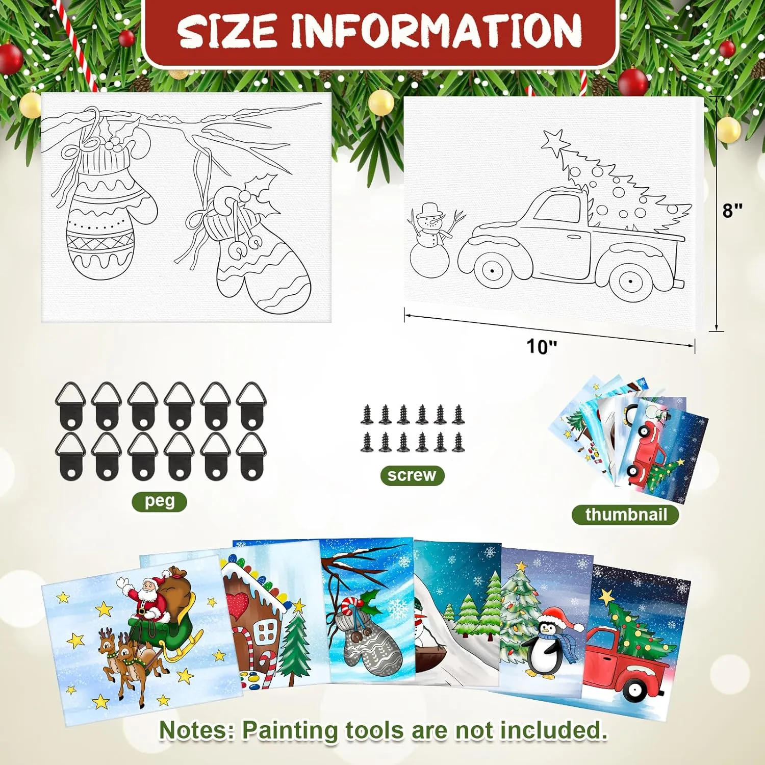 COCHIE 6 Pack 8x10 Inches Christmas Pre Drawn Canvas to Paint for Sip and Paint Party, X-mas Pre Printed Canvases, Peppermint Candy House Snowman Pre Sketched Canvas for Painting for Adults, Kids